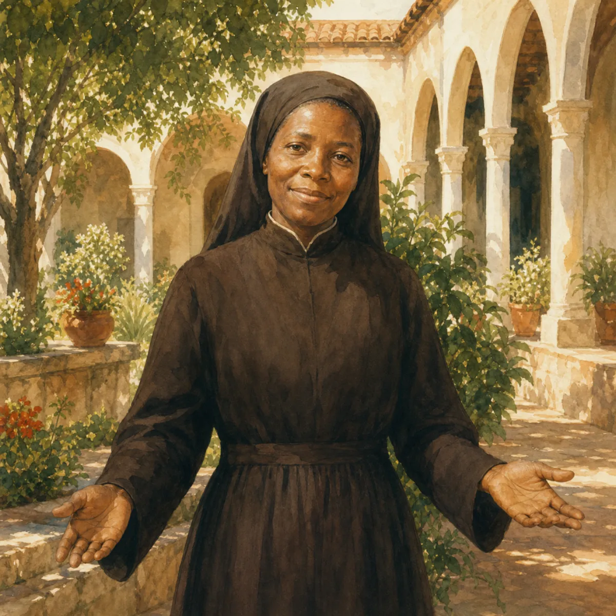 Portrait aquarelle de sainte Joséphine Bakhita souriante dans un cloître