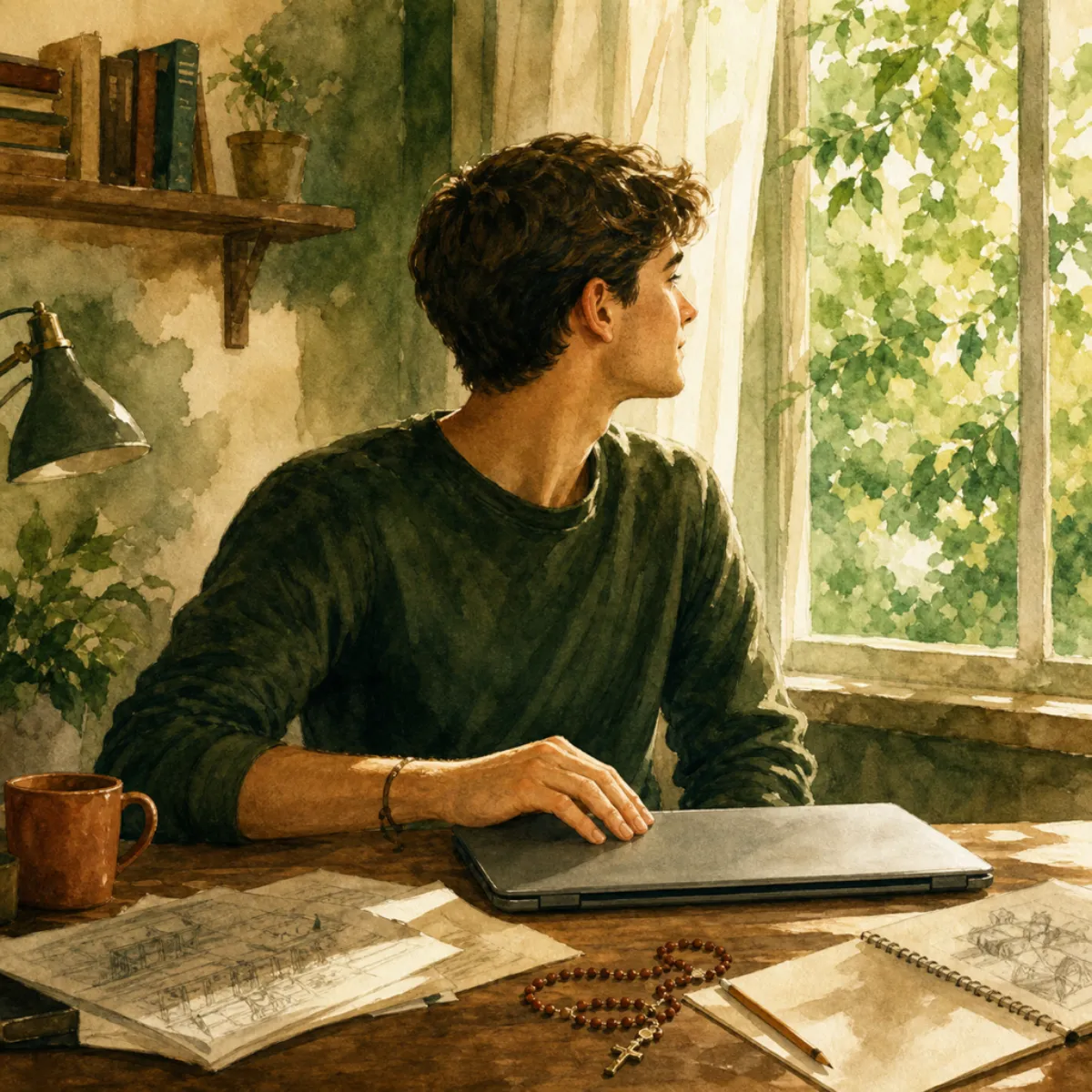 Aquarelle d'un adolescent à son bureau avec un ordinateur et un chapelet