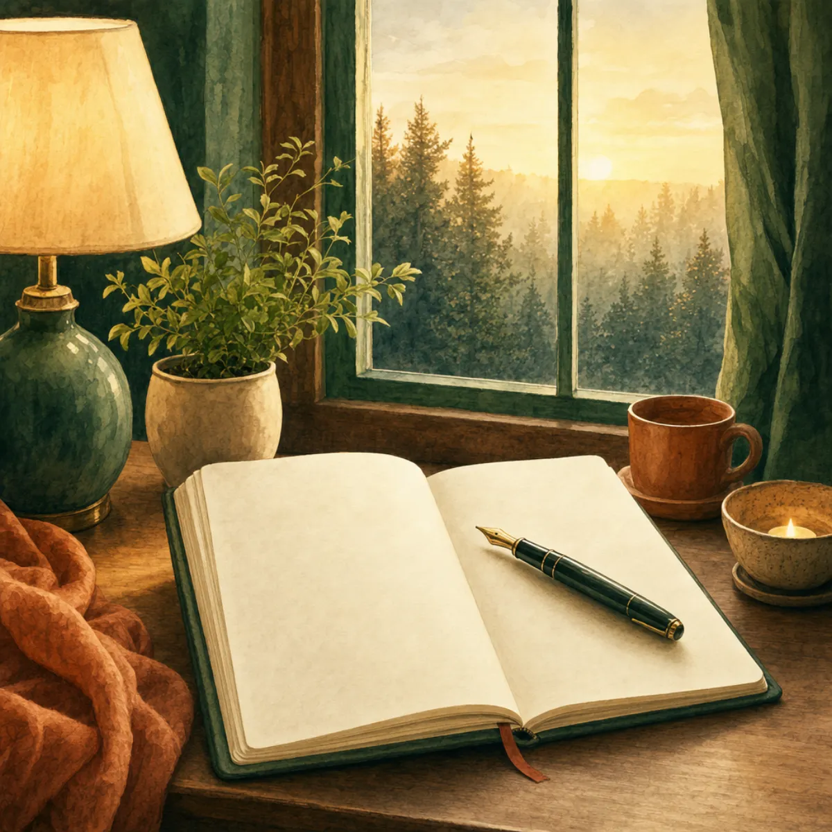 Aquarelle d'un carnet ouvert et d'un stylo sur un bureau près d'une fenêtre