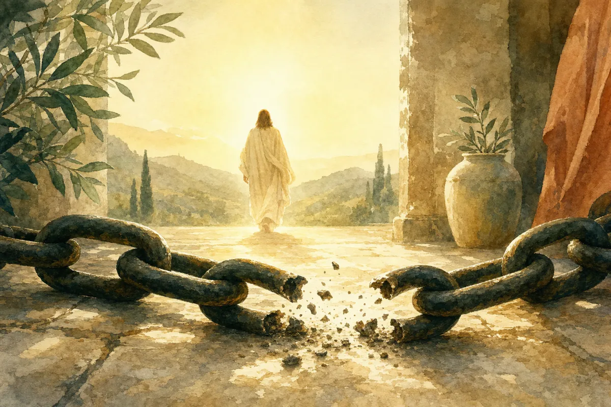 Aquarelle de chaînes brisées au sol, le Christ dans la lumière en arrière-plan