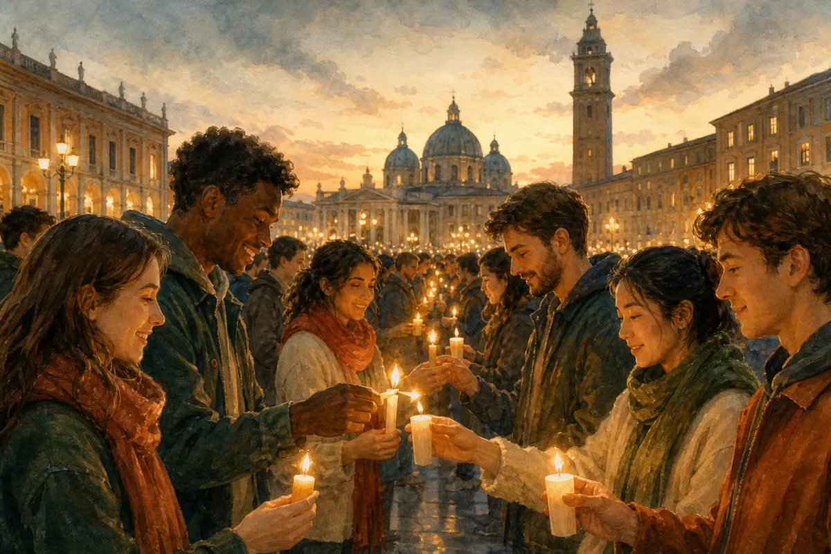 Aquarelle de jeunes tenant des bougies allumées sur une place de Rome