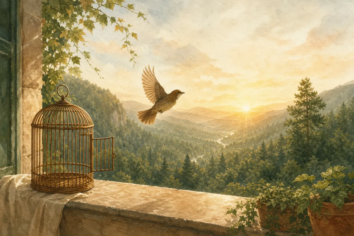 Aquarelle d'un oiseau qui s'envole d'une cage ouverte vers la vallée