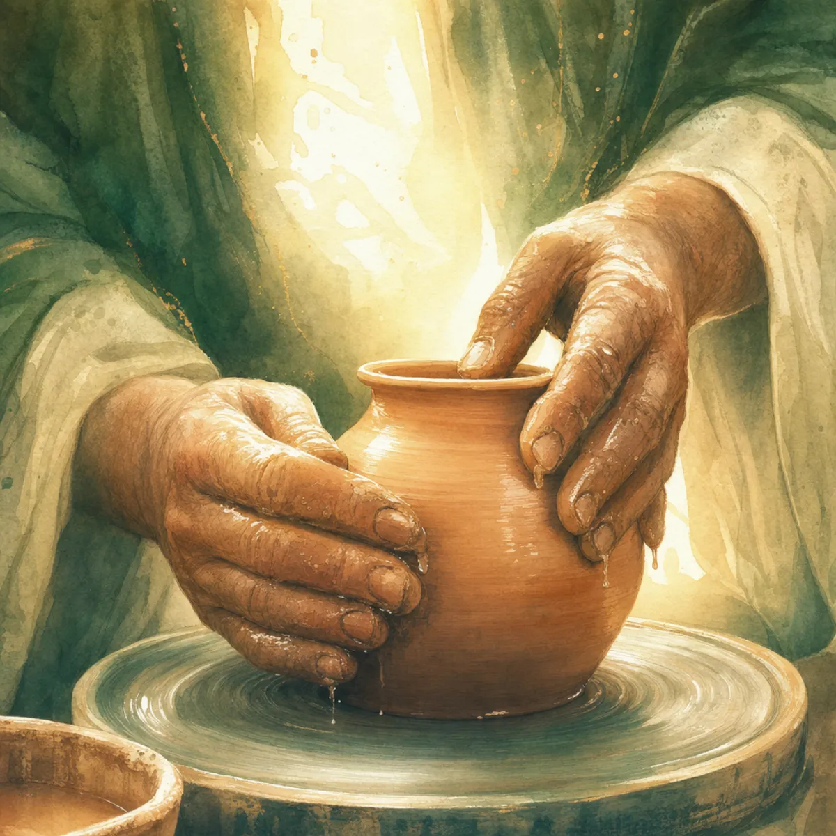 Aquarelle de mains de potier façonnant un vase d'argile dans la lumière