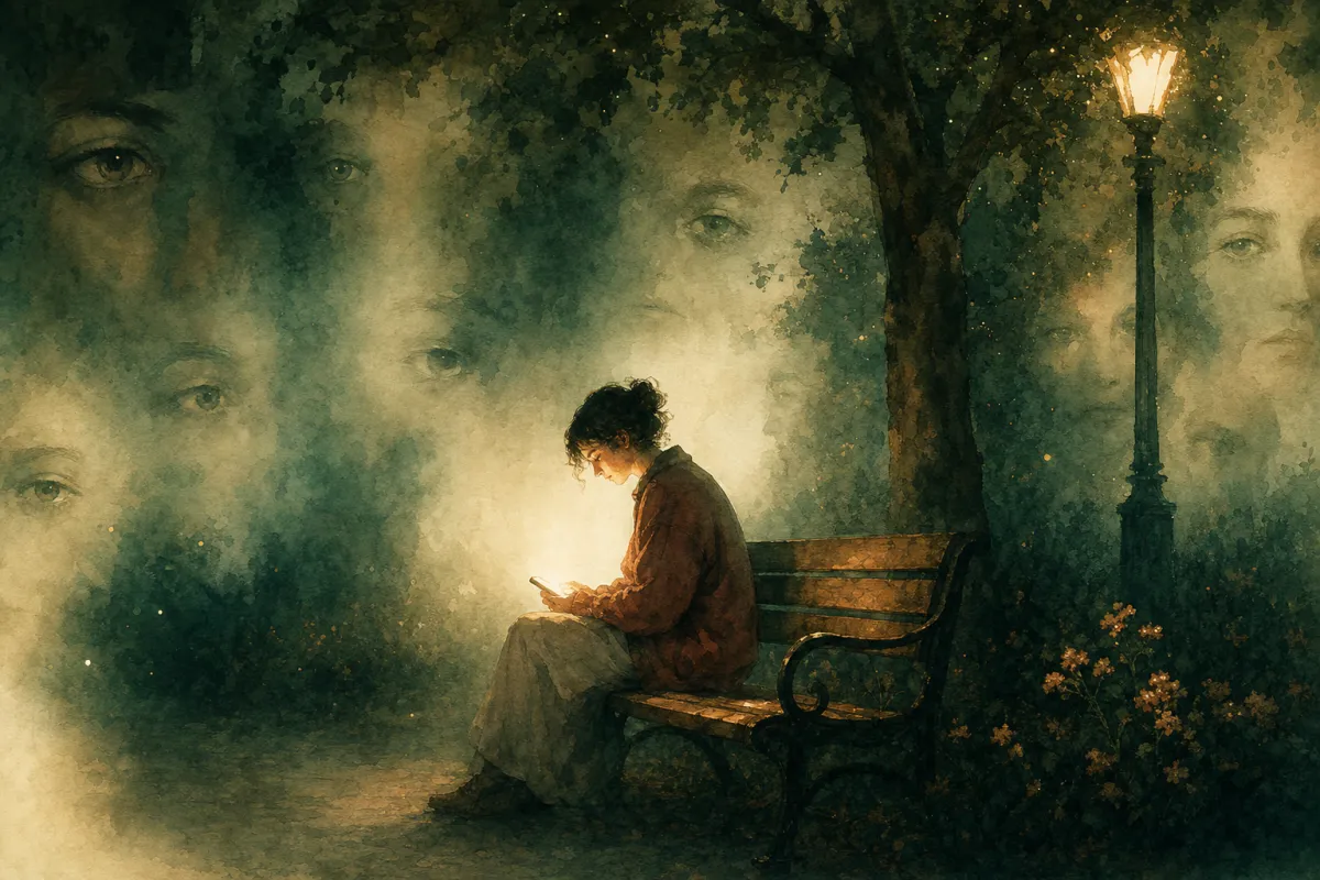 Aquarelle d'une jeune femme seule sur un banc, entourée de visages flous qui la jugent