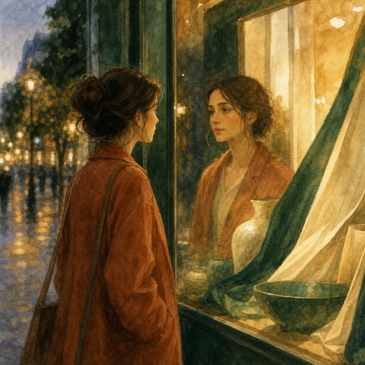 Aquarelle d'une jeune femme qui regarde son reflet dans une vitrine